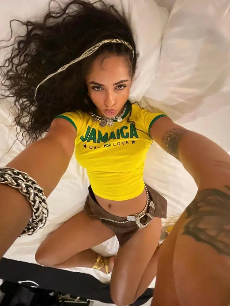 Jamaican bikini shirt top from Sexikinis featuring a slim fit design and elegant O-Neck collar, perfect for summer wear.