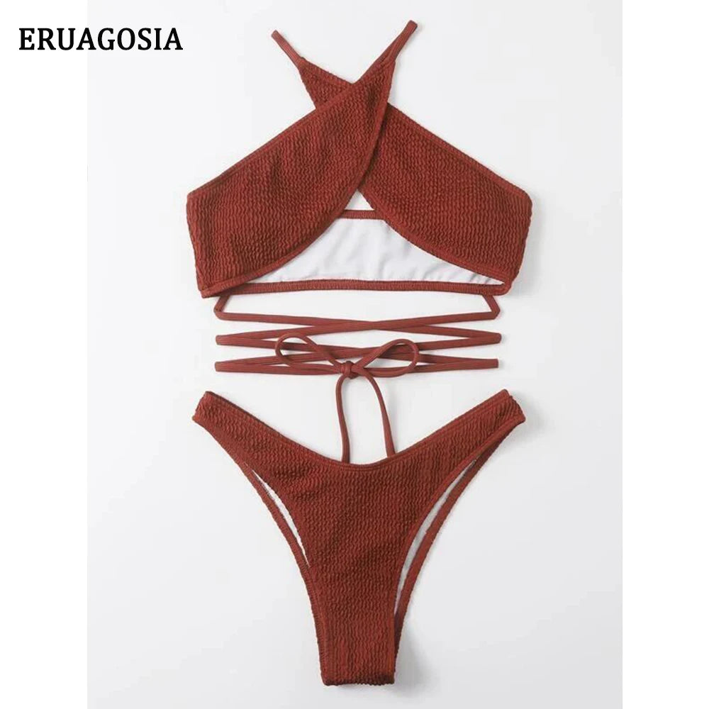 KrisKay two-piece swimsuit featuring a bohemian design with wire-free support and built-in pads, perfect for stylish beach outings.