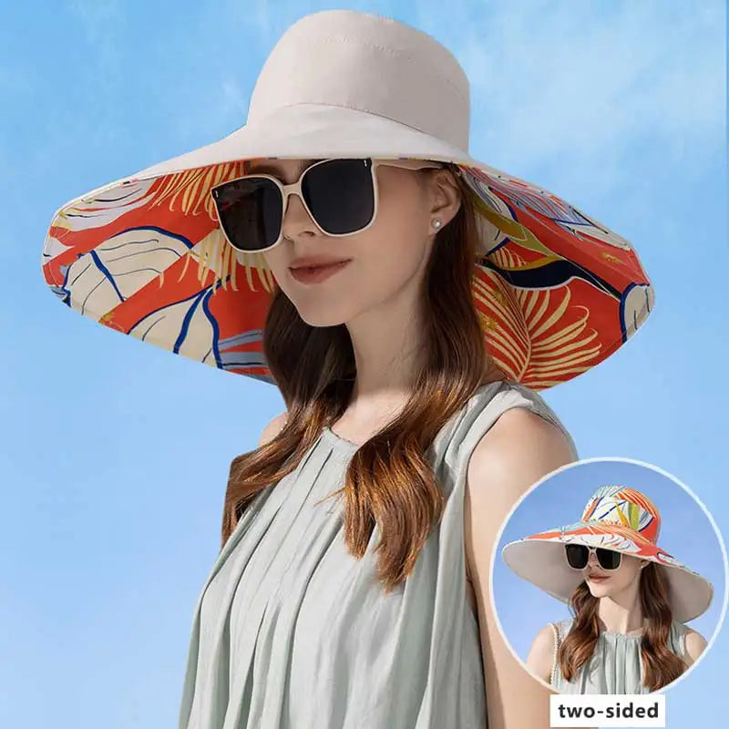Large Brim Women Sun Hat in foliage print, made of breathable cotton, perfect for summer sun protection.