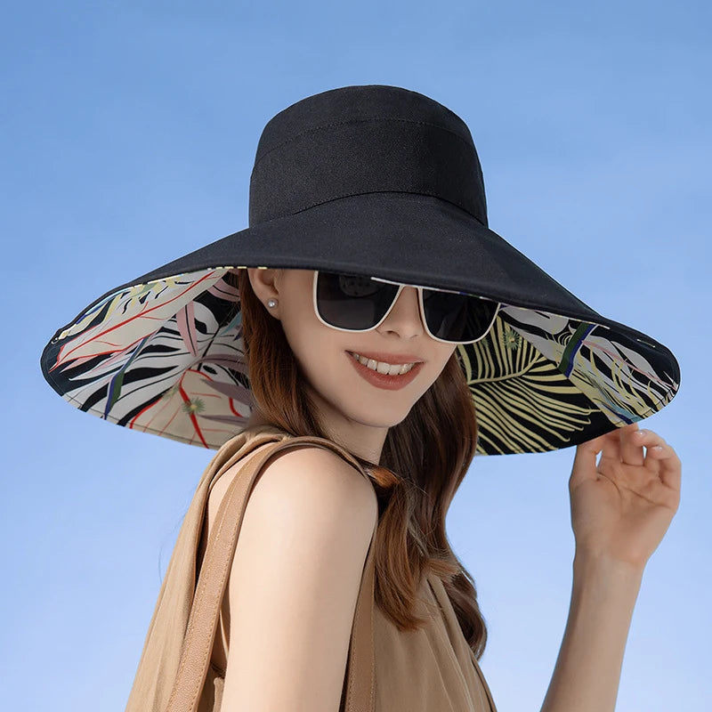 Large Brim Women Sun Hat in foliage print, made of breathable cotton, perfect for summer sun protection.