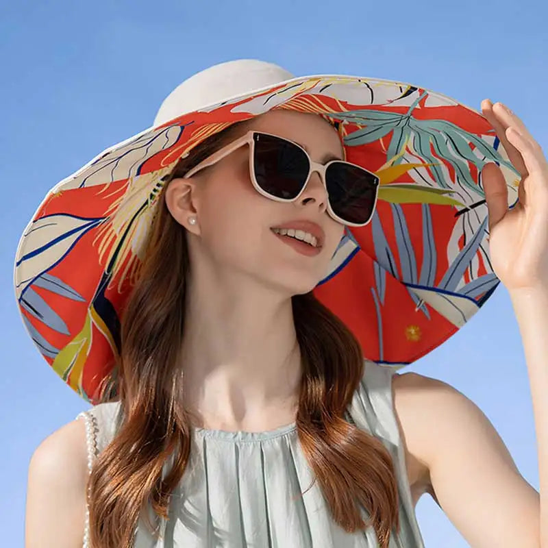 Large Brim Women Sun Hat in foliage print, made of breathable cotton, perfect for summer sun protection.
