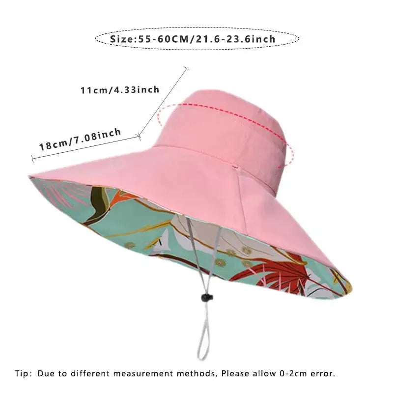 Large Brim Women Sun Hat in foliage print, made of breathable cotton, perfect for summer sun protection.