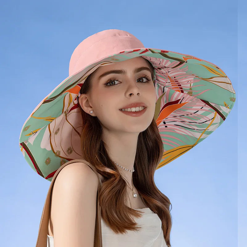 Large Brim Women Sun Hat in foliage print, made of breathable cotton, perfect for summer sun protection.