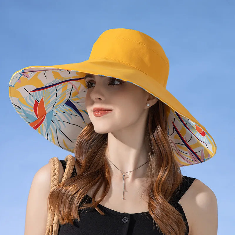 Large Brim Women Sun Hat in foliage print, made of breathable cotton, perfect for summer sun protection.