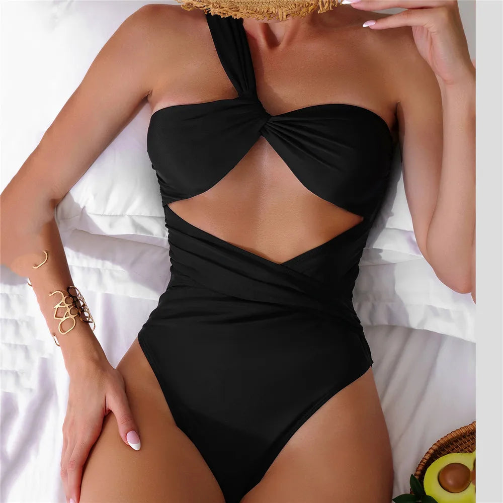 One Shoulder Sexy Black One Piece Swimsuit displayed on a mannequin, showcasing its elegant design and premium SPANDEX material.