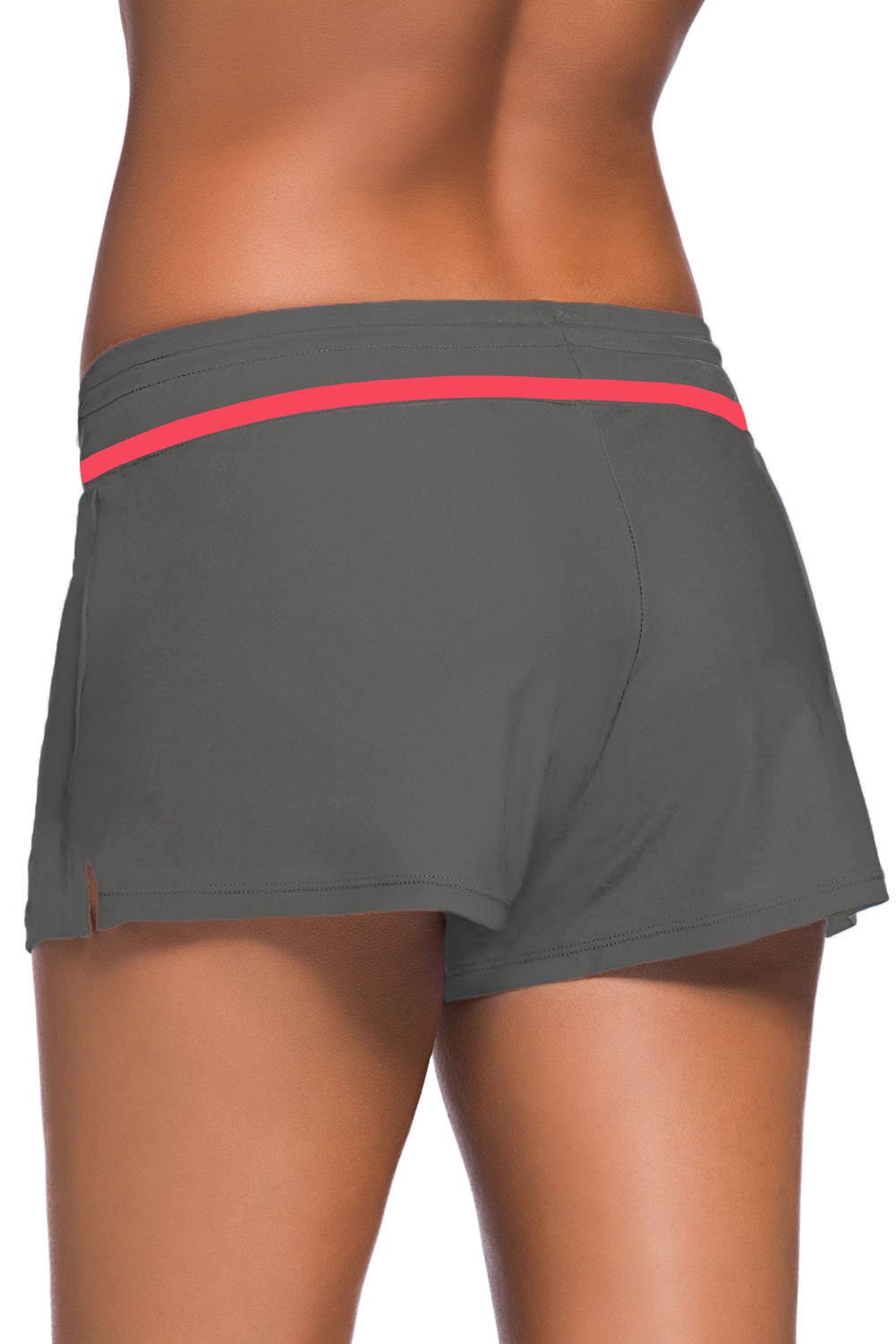 Red Trim Taupe Women Swim Boardshort featuring a wide elastic waistband and drawstring, perfect for beach activities.