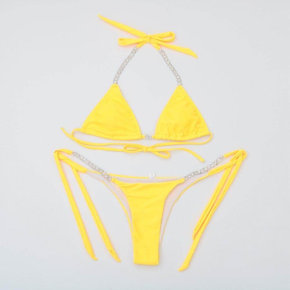 A vibrant yellow Sexy Diamond Crystal Bikini featuring elegant diamond crystal embellishments, perfect for beach and pool parties.