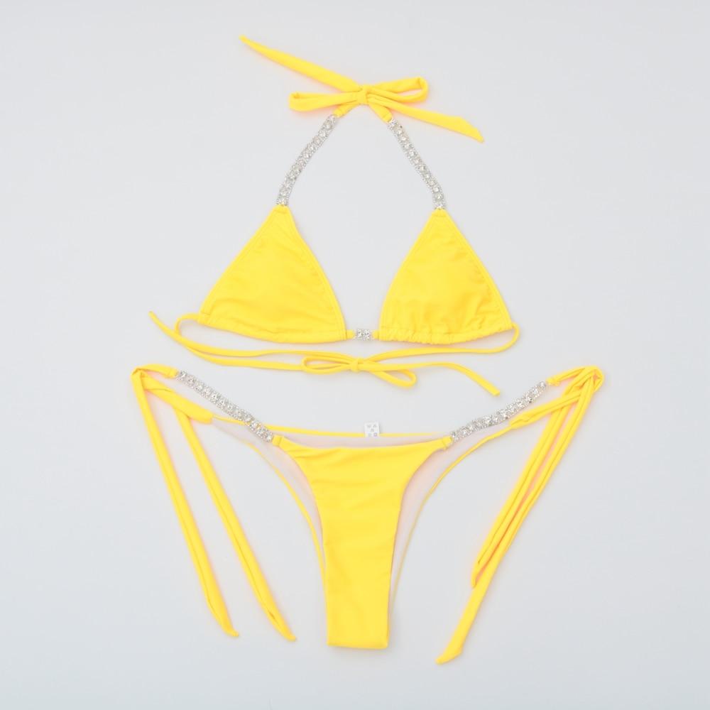 A vibrant yellow Sexy Diamond Crystal Bikini featuring elegant diamond crystal embellishments, perfect for beach and pool parties.