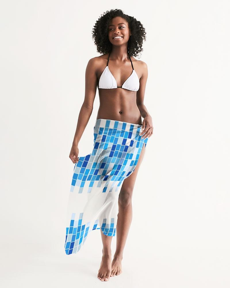 Sheer Mosaic Square White and Blue Swimsuit Cover Up displayed on a model, showcasing its lightweight fabric and unique design.