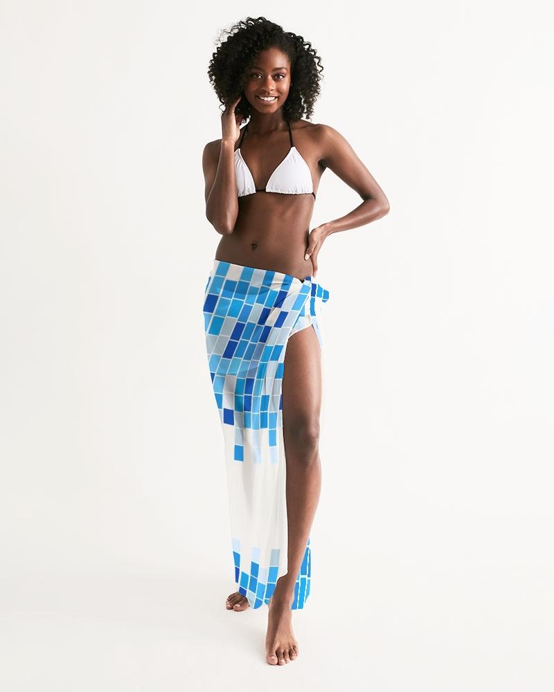 Sheer Mosaic Square White and Blue Swimsuit Cover Up displayed on a model, showcasing its lightweight fabric and unique design.