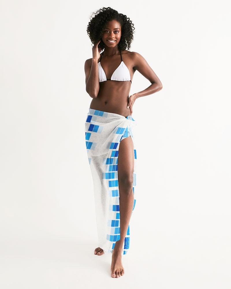 A stylish sheer swimsuit cover up featuring a blue and white mosaic pattern, perfect for beach or poolside wear.