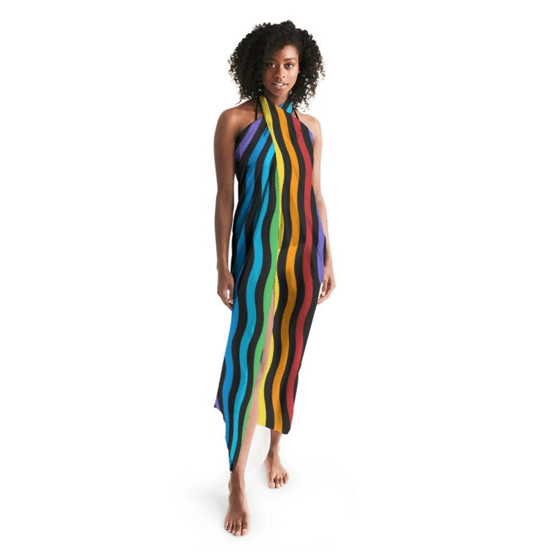 A vibrant sheer swimsuit cover up featuring rainbow stripes, lightweight fabric, and a self-tie closure, perfect for beach or poolside wear.