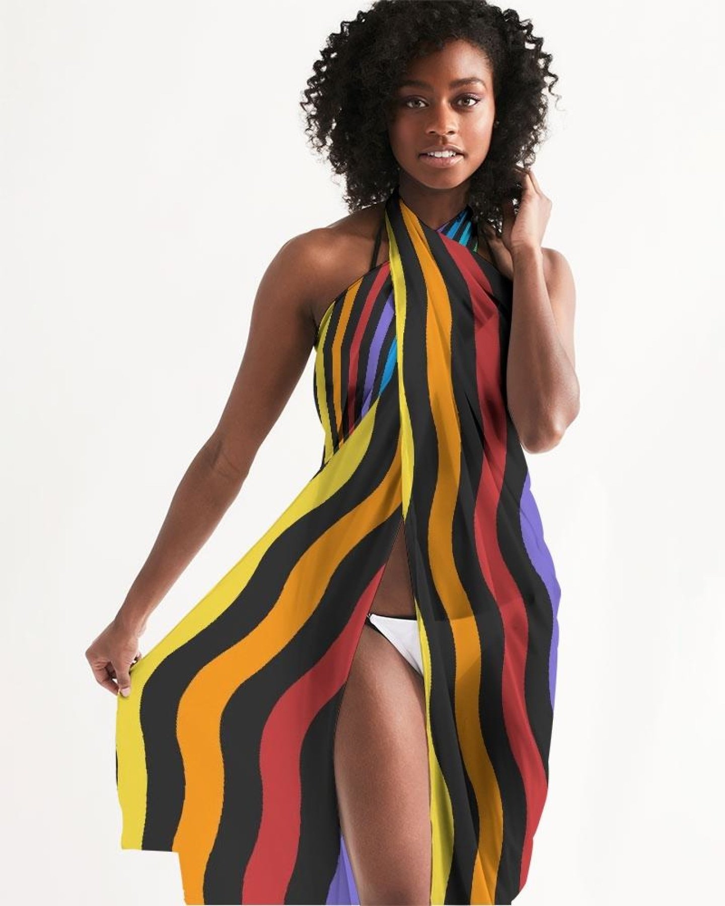 A vibrant sheer swimsuit cover up featuring rainbow stripes, lightweight fabric, and a self-tie closure, perfect for beach or poolside wear.