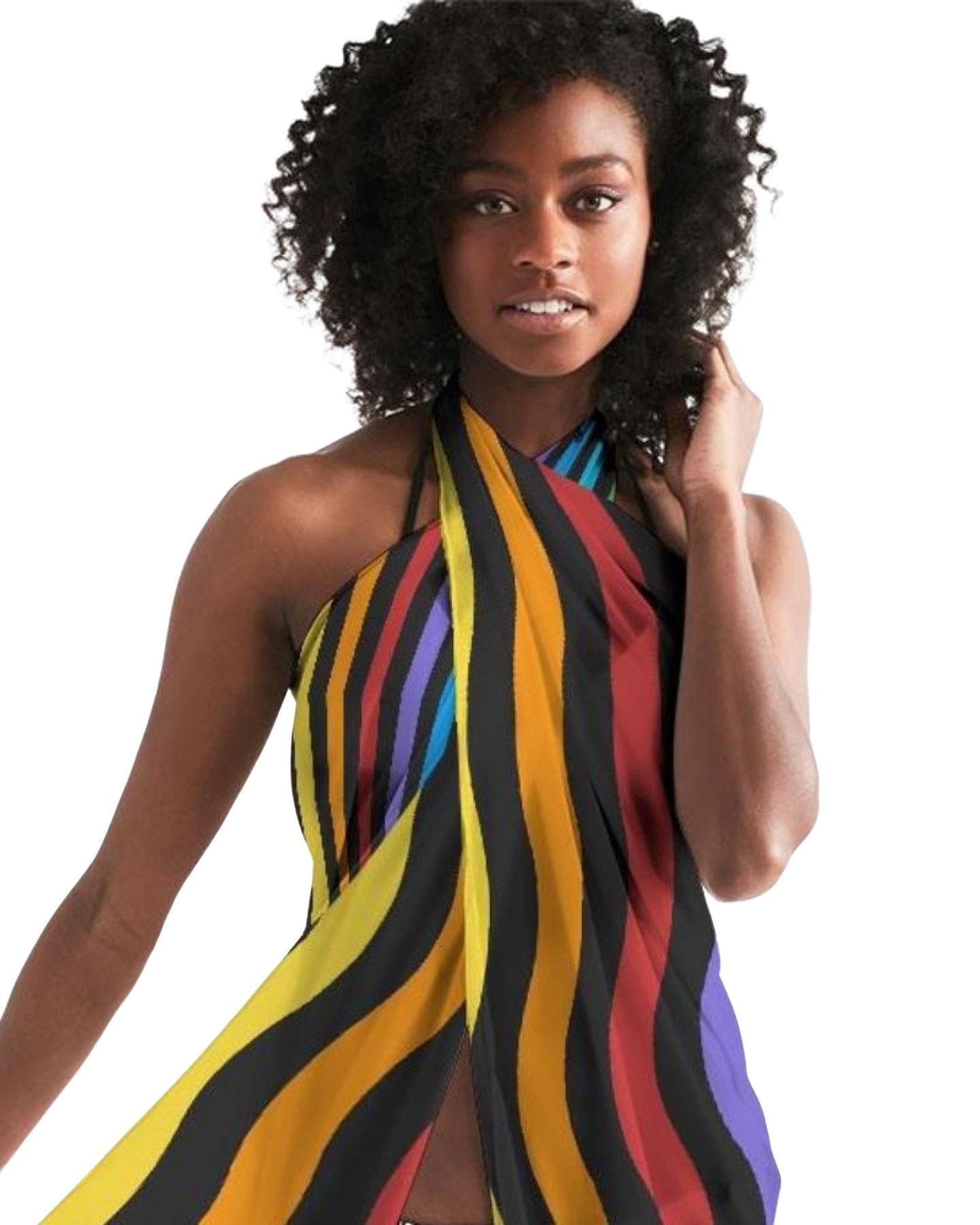 A vibrant sheer swimsuit cover up featuring rainbow stripes, lightweight fabric, and a self-tie closure, perfect for beach or poolside wear.