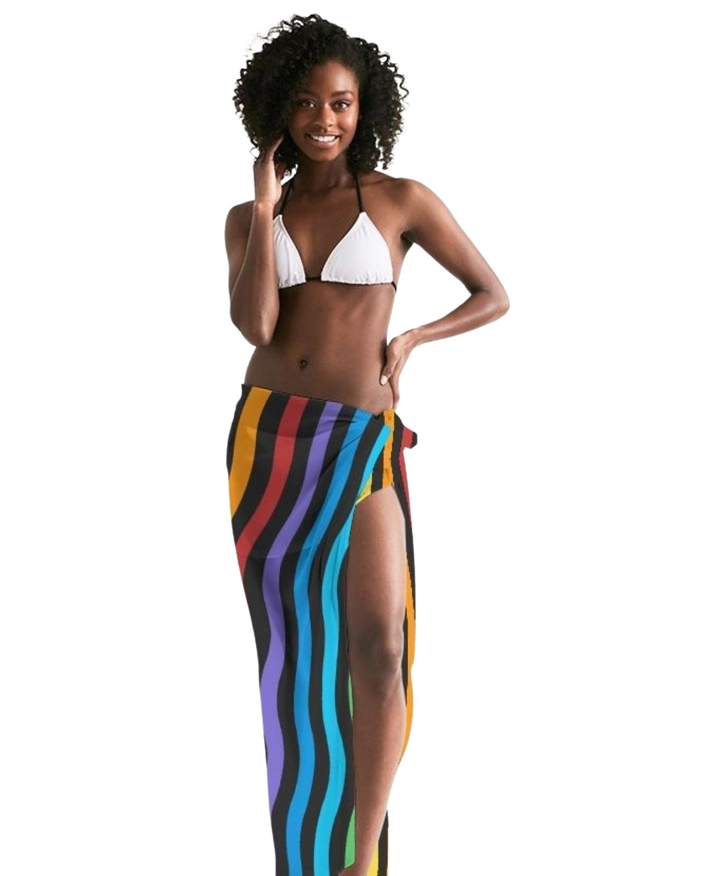 A vibrant sheer swimsuit cover up featuring rainbow stripes, lightweight fabric, and a self-tie closure, perfect for beach or poolside wear.
