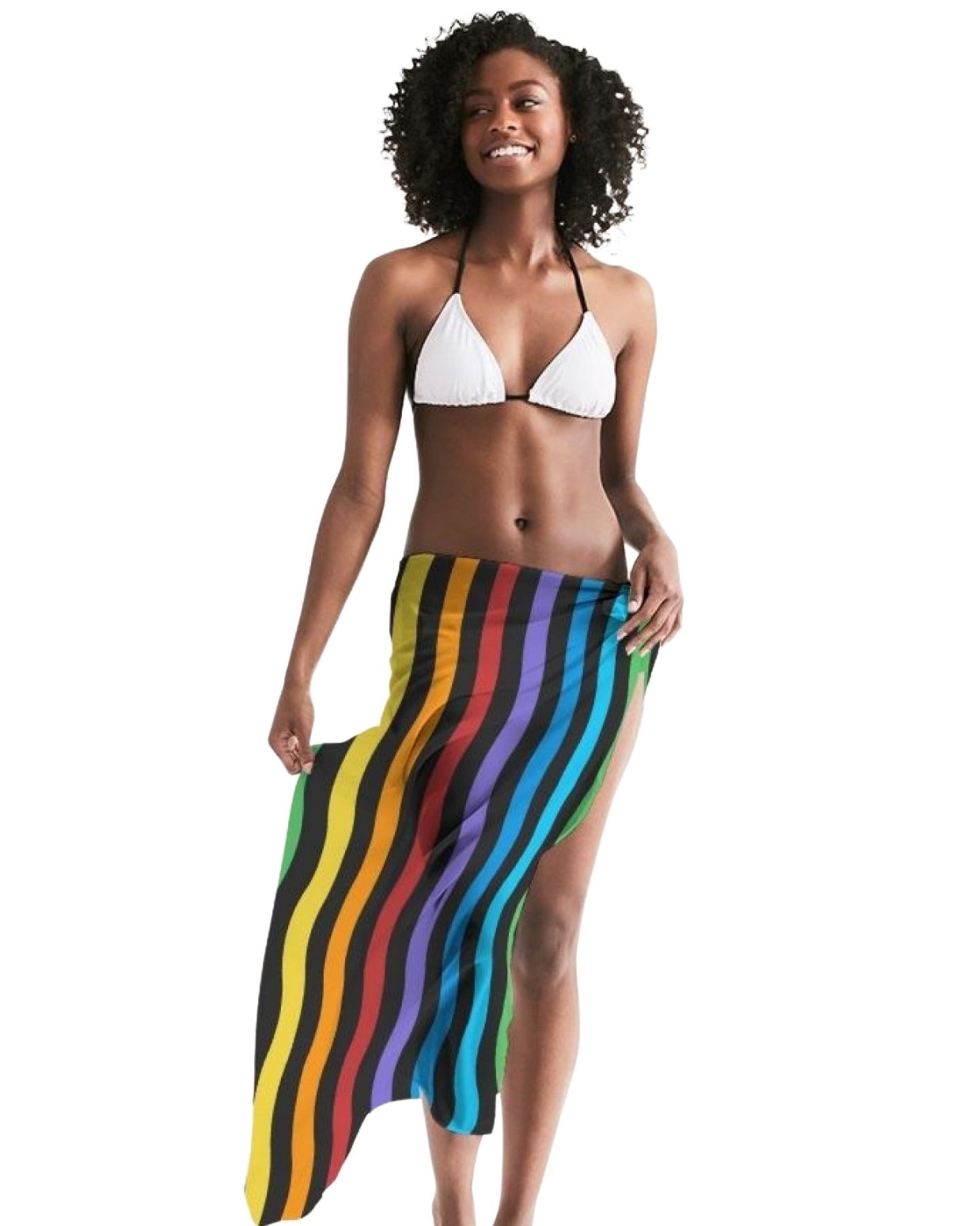 A vibrant sheer swimsuit cover up featuring rainbow stripes, lightweight fabric, and a self-tie closure, perfect for beach or poolside wear.