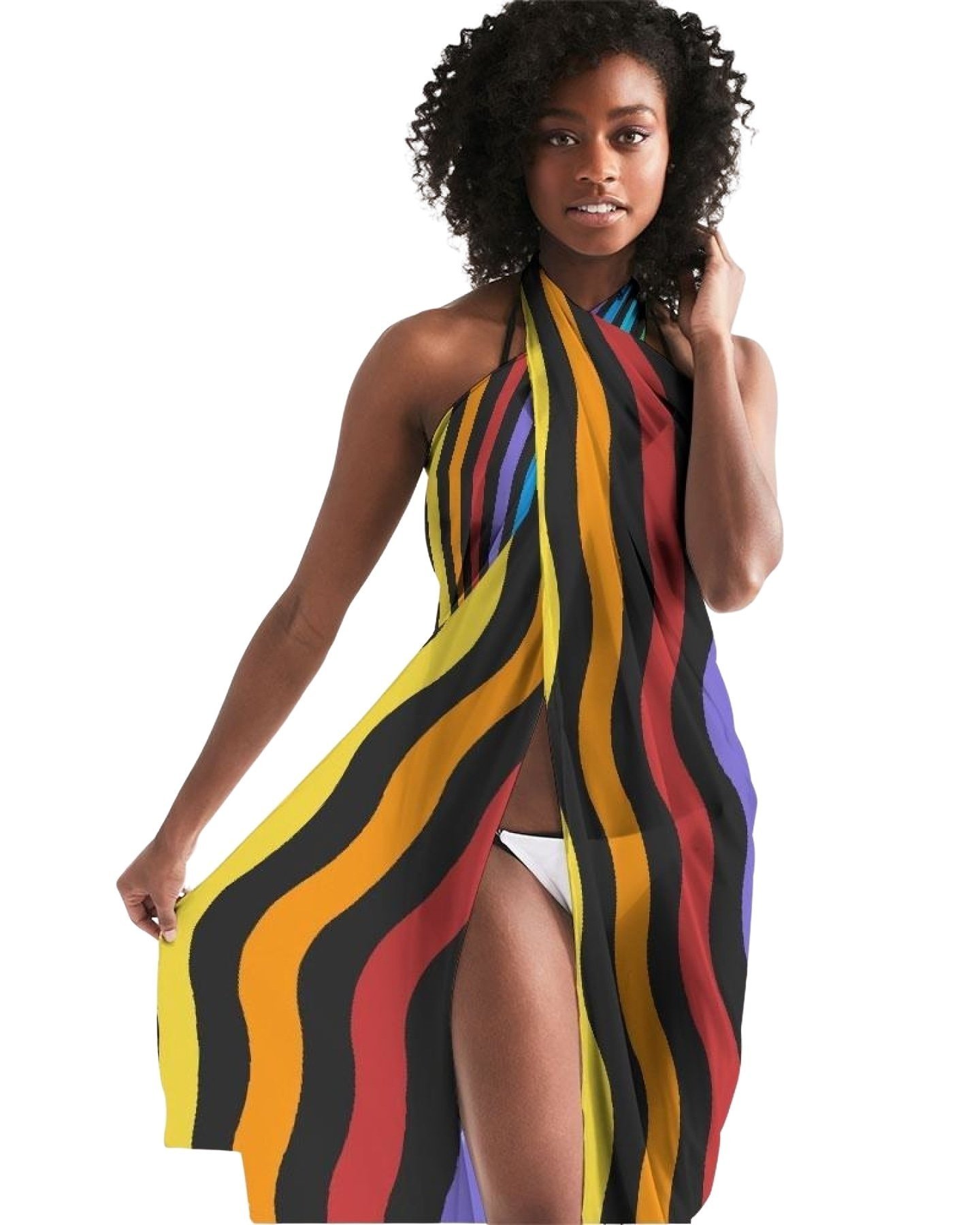 A vibrant sheer swimsuit cover up featuring rainbow stripes, lightweight fabric, and a self-tie closure, perfect for beach or poolside wear.