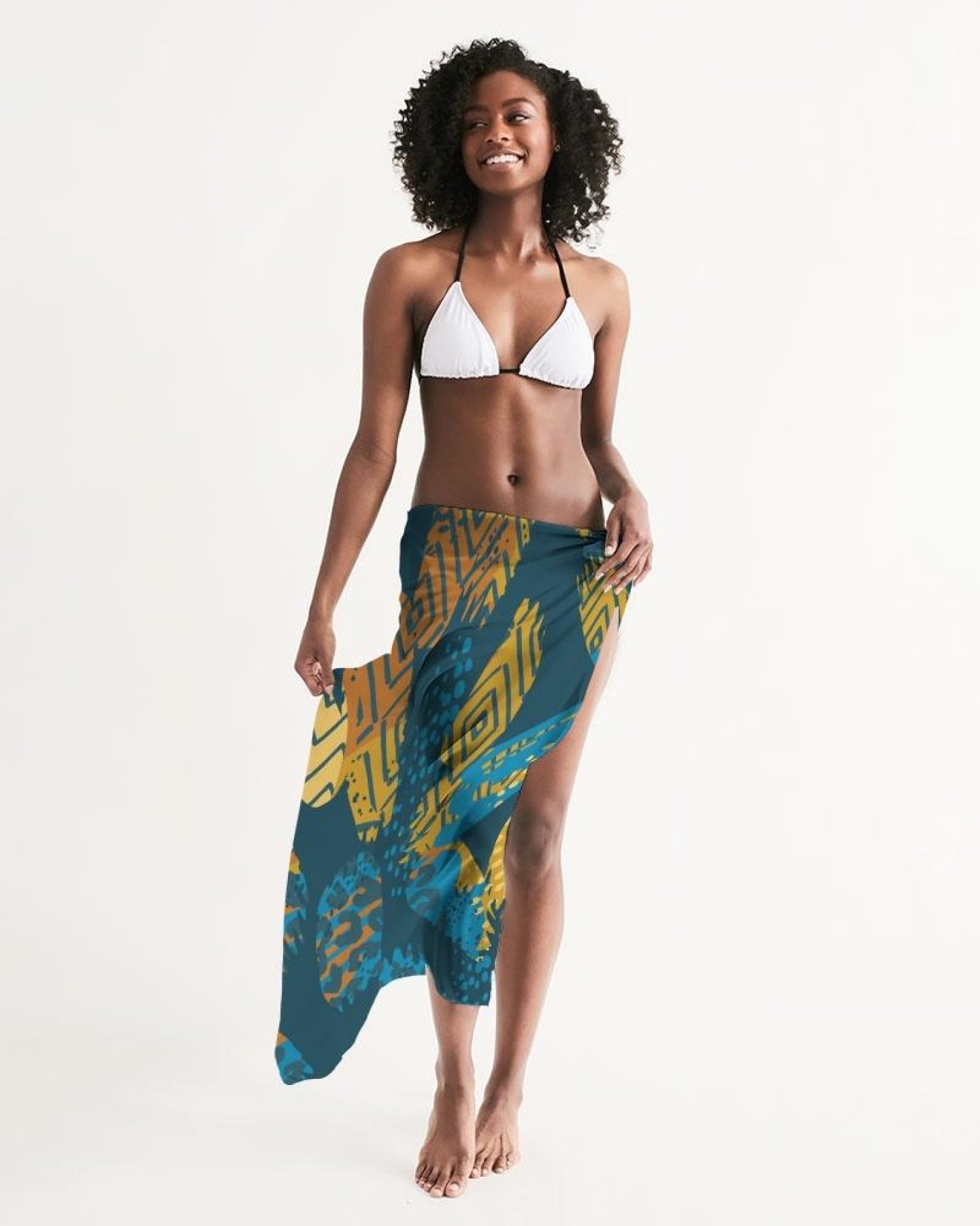 A lightweight sheer swimsuit cover up in abstract blue print, featuring a self-tie closure and flowing design, perfect for beach or poolside wear.