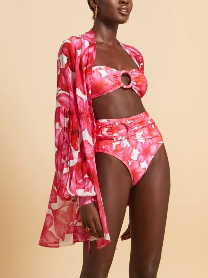 Summa vibe Girlie three piece swimsuit featuring vibrant print pattern, made from SPANDEX and POLYESTER for comfort and style.