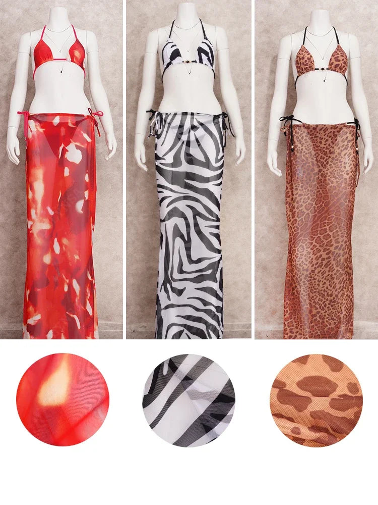 Tropical Vibe Three Piece Swimsuit featuring vibrant stripes and a stylish design, perfect for summer beach outings.