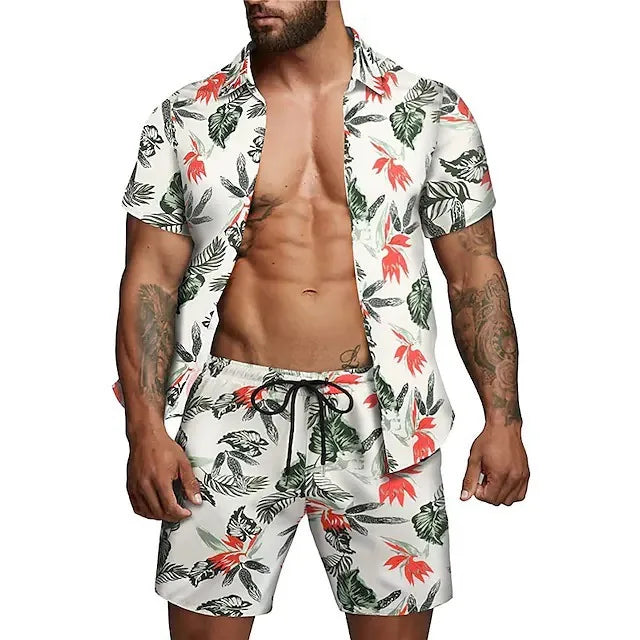 Men's beach shorts set featuring vibrant prints and comfortable drawstring closure, perfect for summer outings.