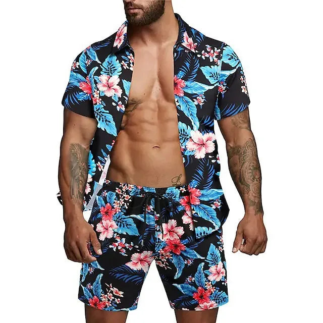 Men's beach shorts set featuring vibrant prints and comfortable drawstring closure, perfect for summer outings.