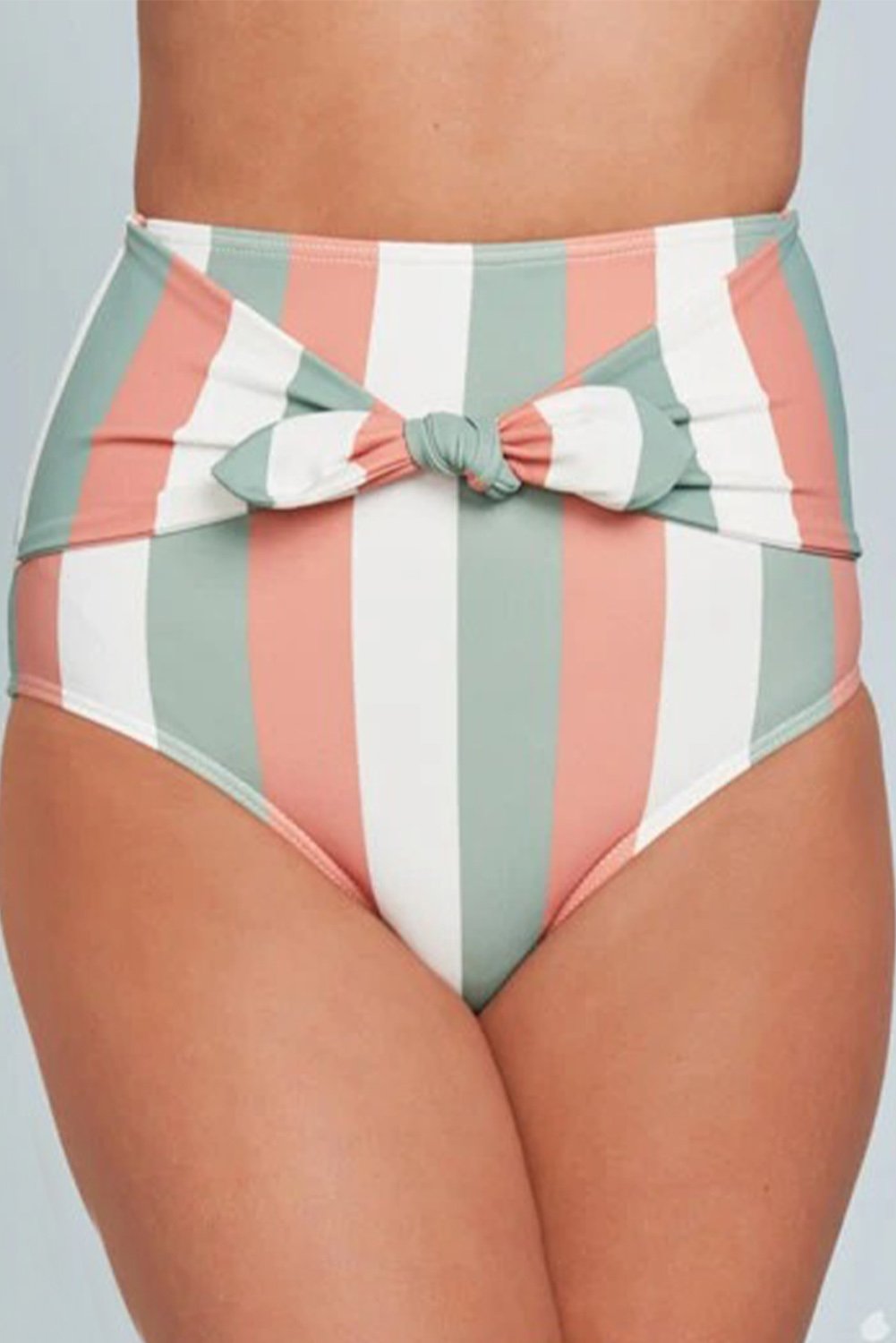 Women's high waist swim bottoms featuring multicolor stripes and a front tie detail, perfect for summer beach outings.