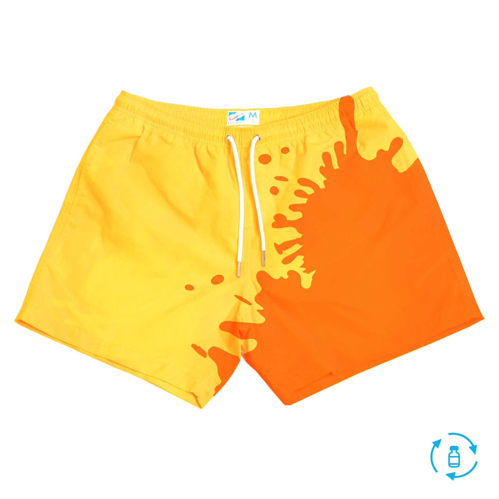 Color-changing swim trunks transitioning from yellow to orange in water, showcasing eco-friendly fabric and stylish design.