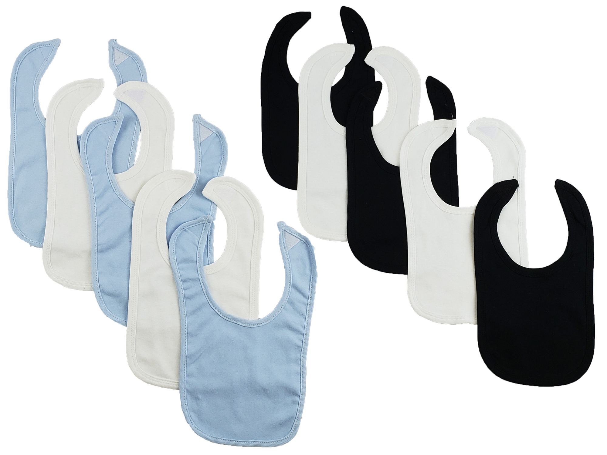 A pack of 10 colorful Bambini infant bibs with hook and loop fasteners, designed for easy feeding and cleanup.