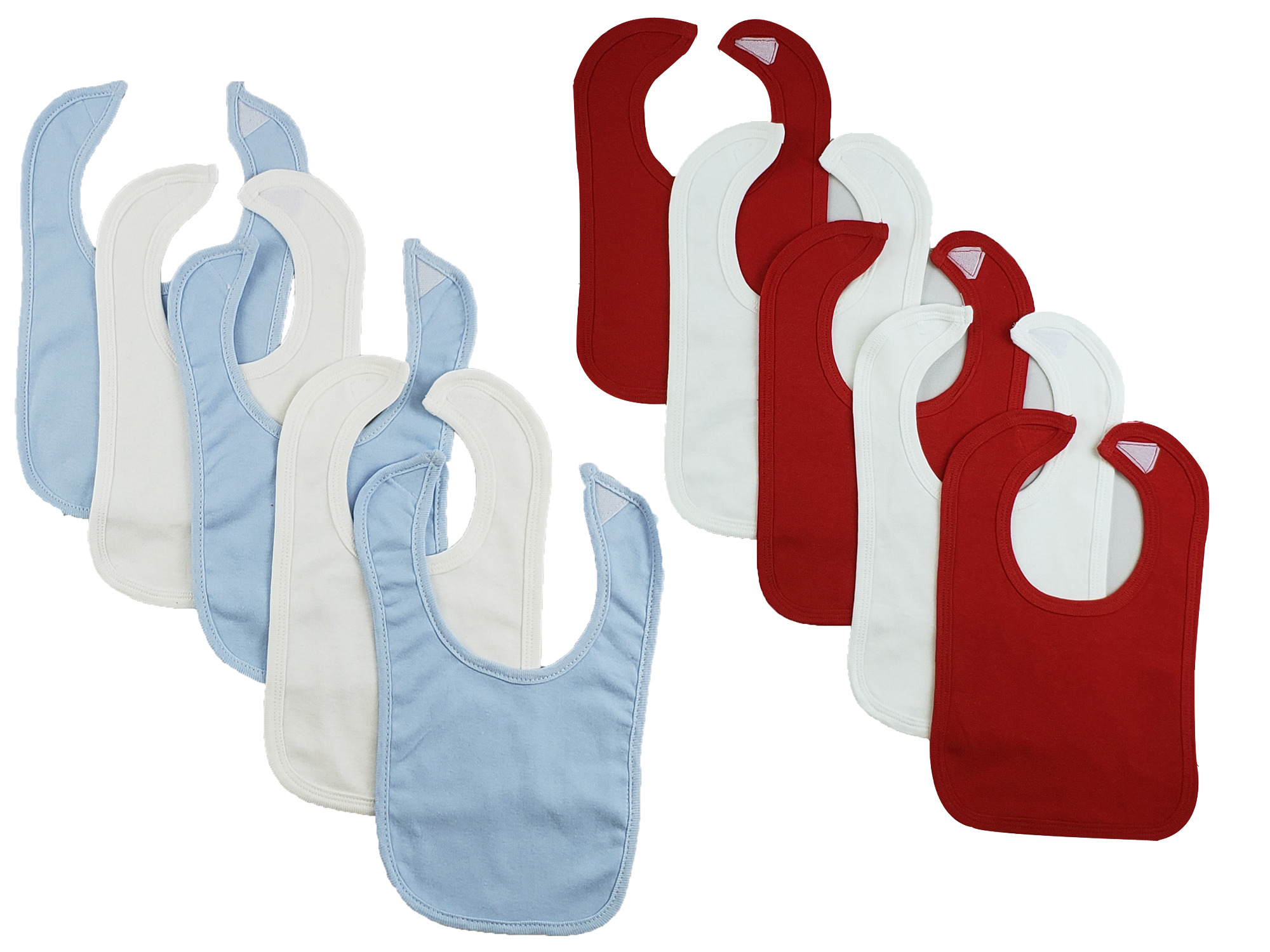 Set of 10 colorful Bambini infant bibs with hook and loop fasteners, designed for easy feeding and mess prevention.