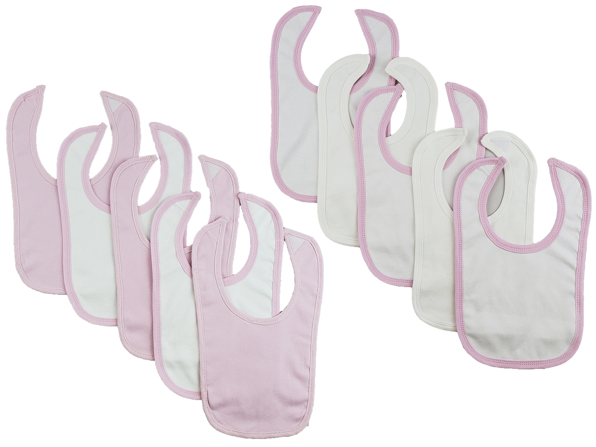 A pack of 10 colorful Bambini infant bibs with hook and loop fasteners, designed for easy feeding and mess prevention.