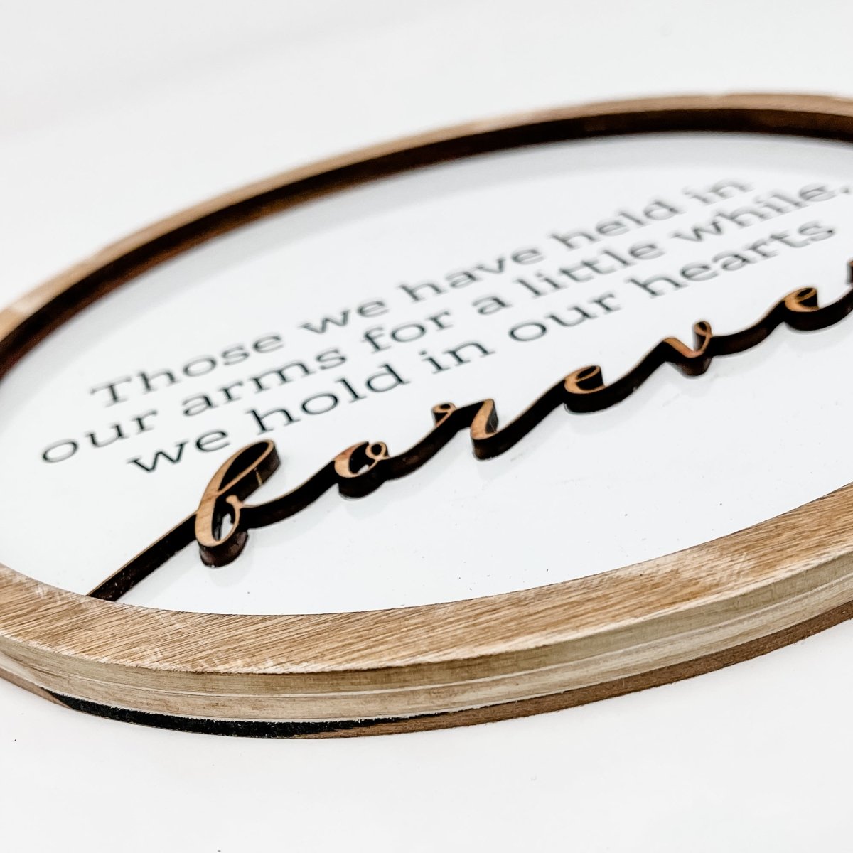 10-inch round wooden sign with 3D laser cut lettering, featuring a heartfelt message about love and remembrance.