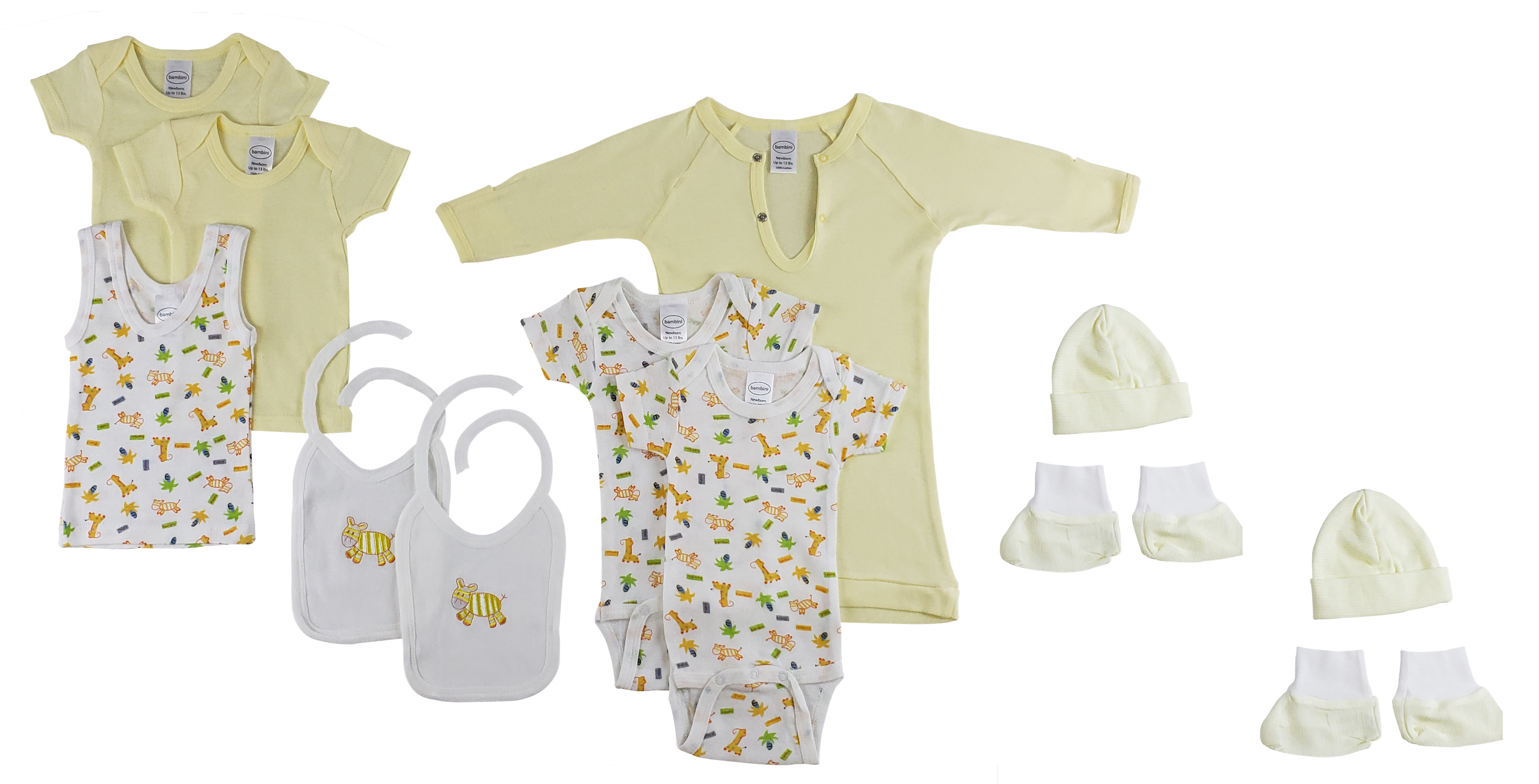 12-Piece Pastel Interlock Hanging Gift Set featuring T-Shirts, Bodysuits, Tank Top, Gown, Bibs, Caps, and Booties in soft yellow colors.