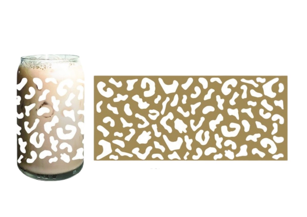 Stylish 16 oz beer can glass with a leopard design, showcasing a unique hand-applied vinyl finish.
