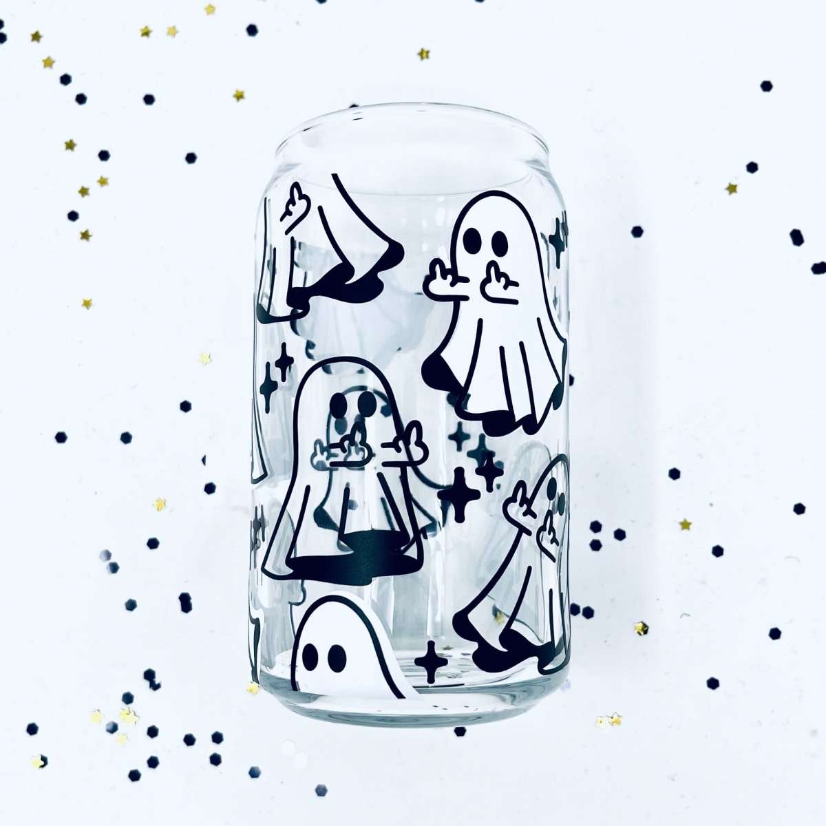 16 oz Beer Can Glass featuring a unique Middle Finger Ghost design, perfect for serving cold drinks.