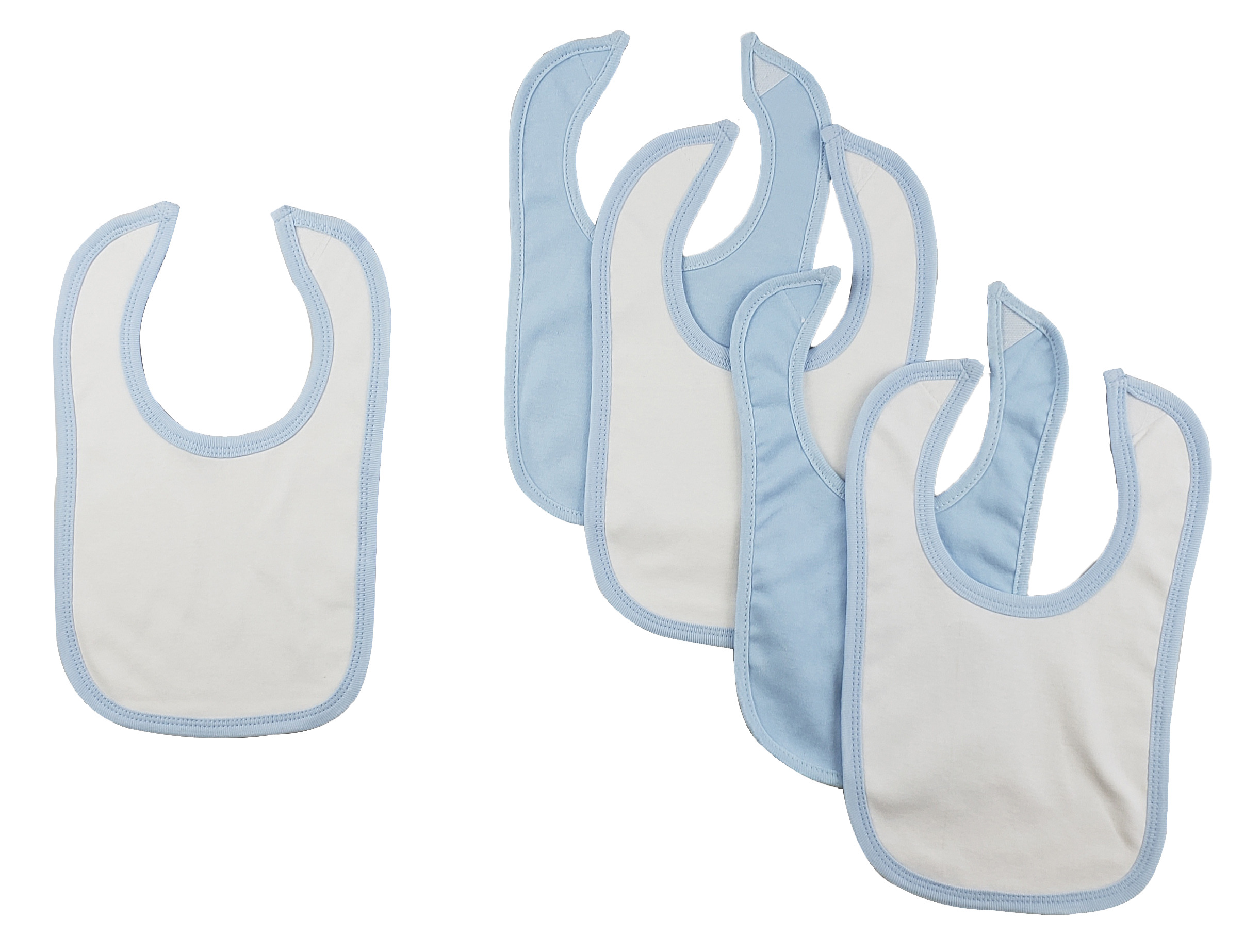 Five colorful baby bibs with hook and loop fasteners, designed for infants during mealtime.