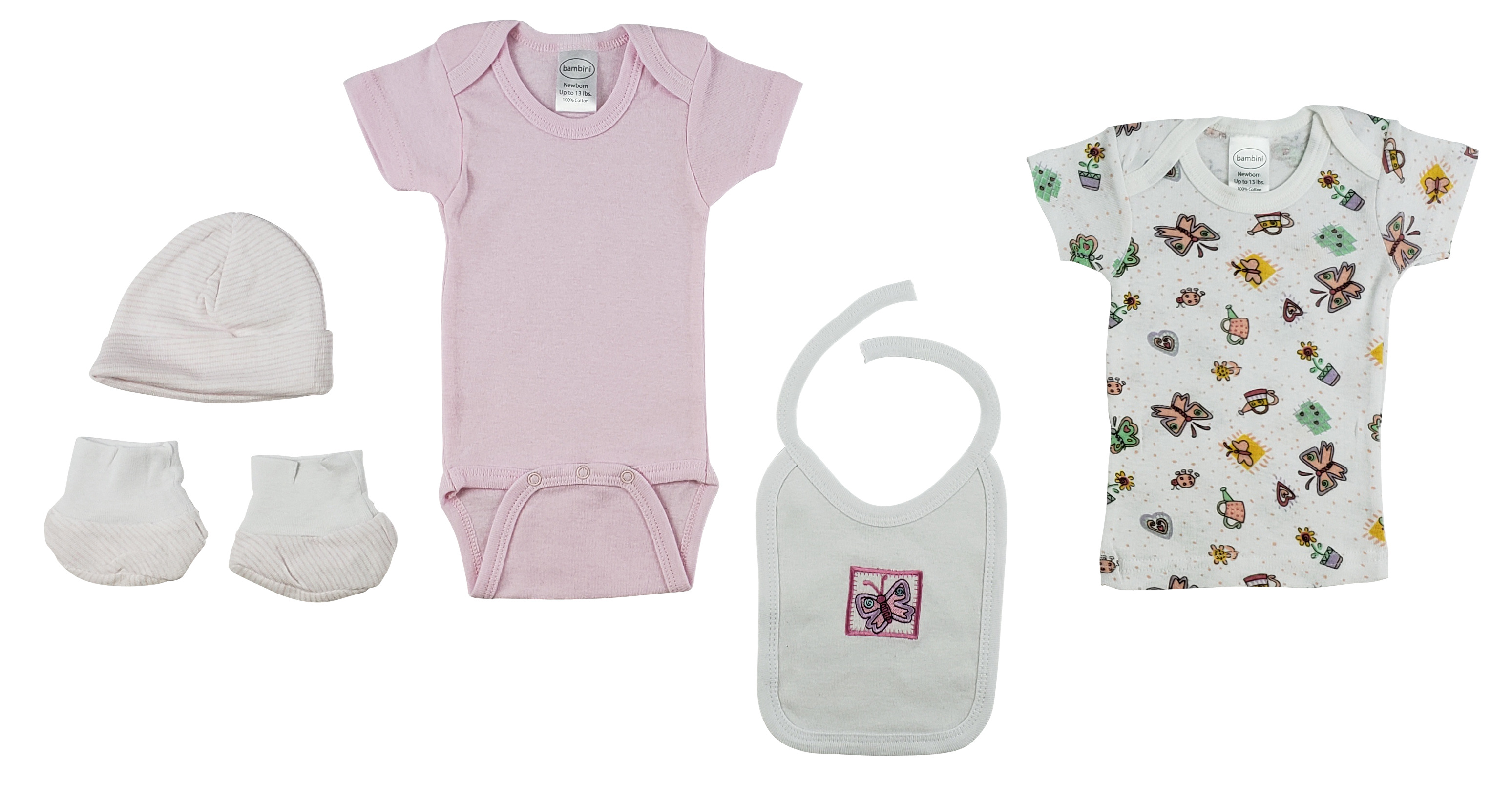 7-Piece Pastel Interlock Hanging Gift Set featuring a t-shirt, bodysuit, bib, hat, and booties in soft pastel pink color.