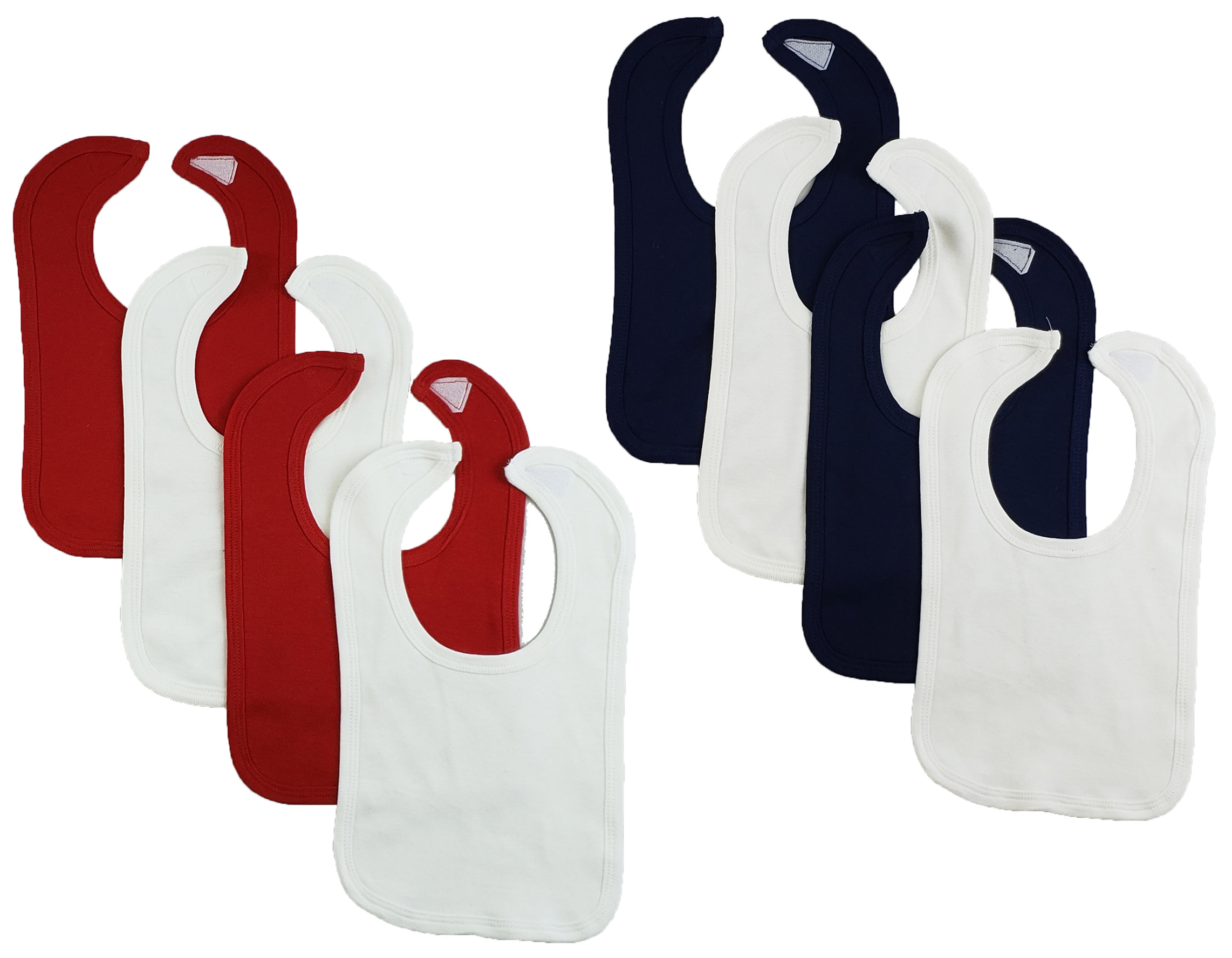 Set of 8 colorful Bambini infant bibs with hook and loop fasteners, designed for easy feeding and mess prevention.