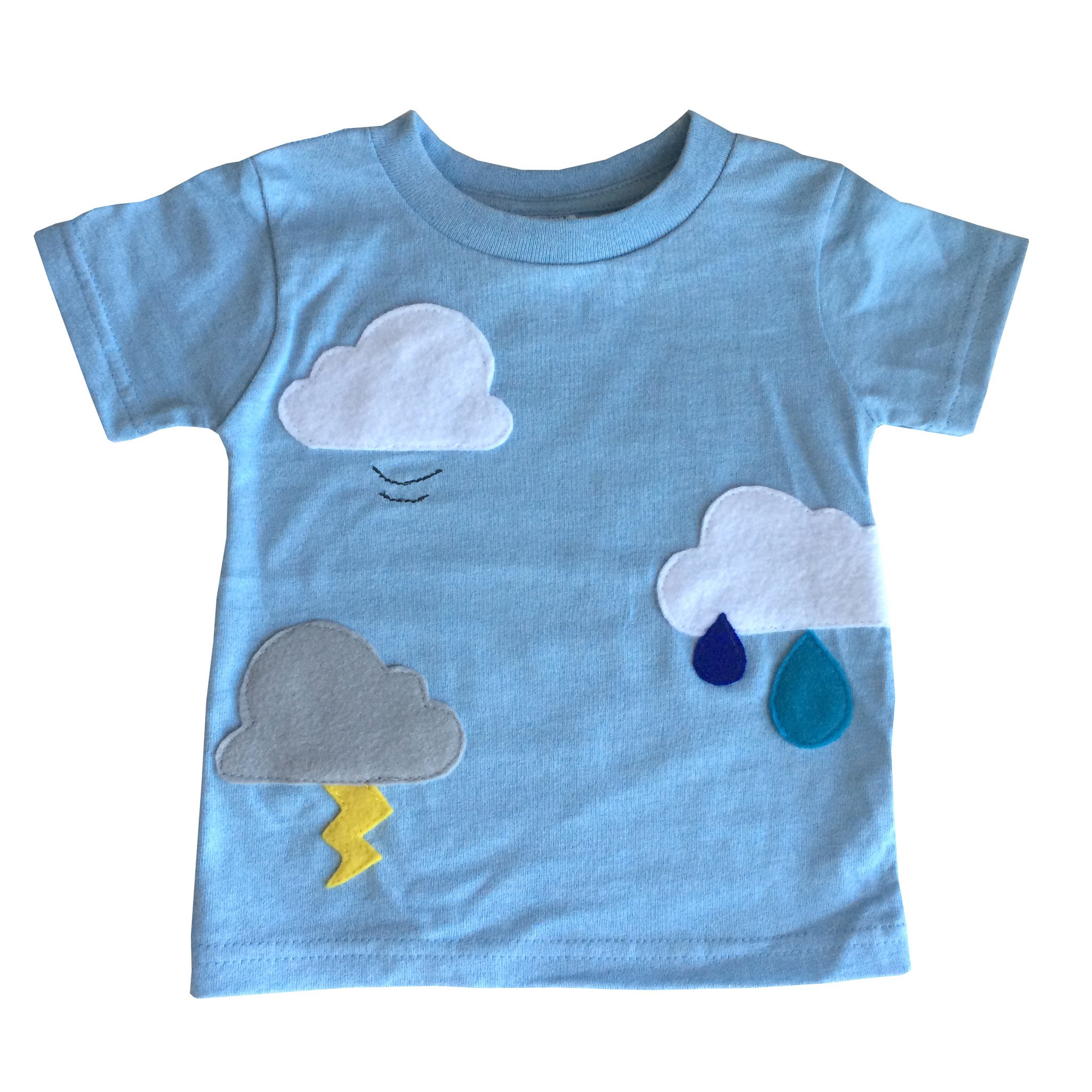 Aloha Rainbow Kids Baby Blue Shirt featuring colorful felt appliqués, perfect for boys and girls, handmade with love.