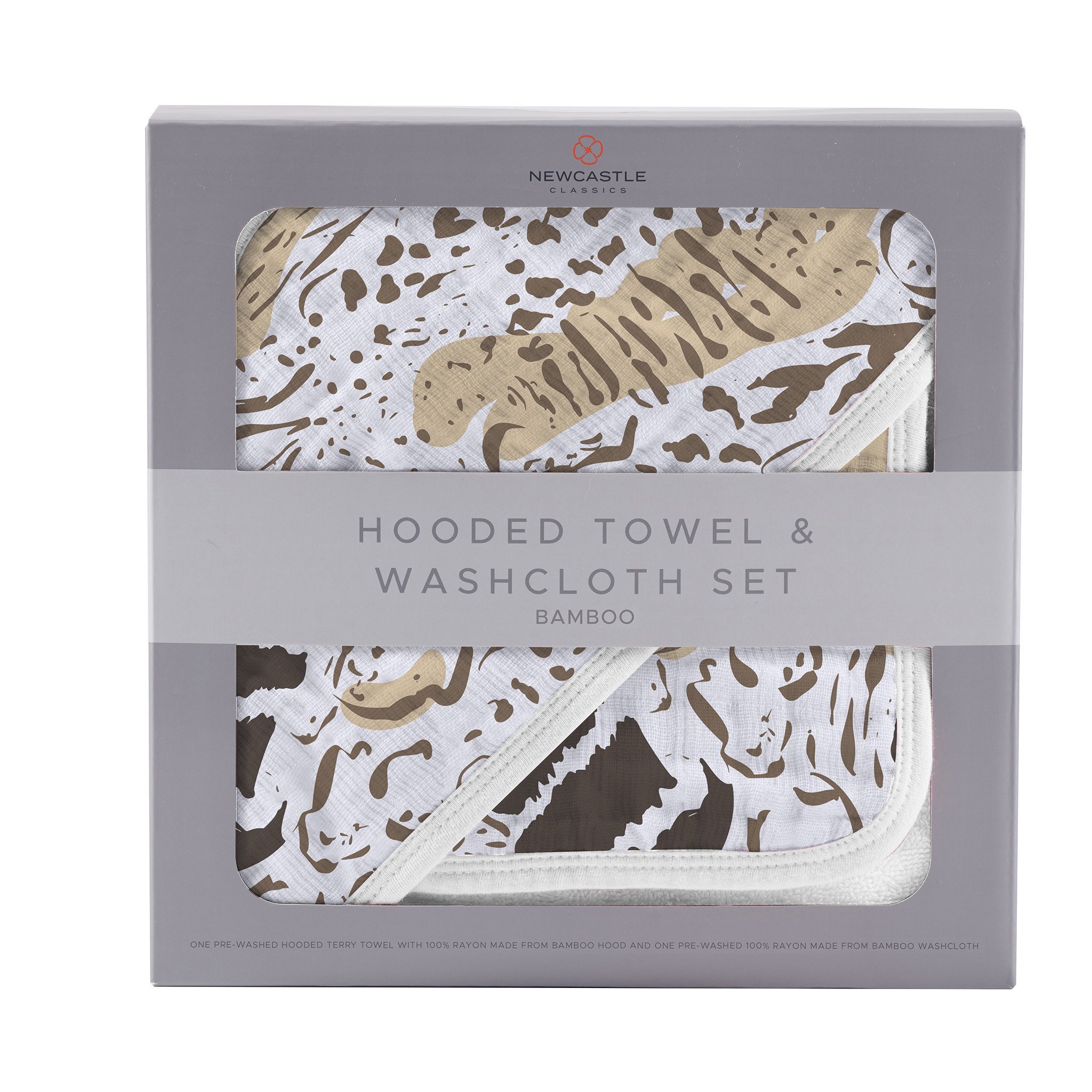 Animal Print Bamboo Hooded Towel and Washcloth Set featuring a soft, cozy design with a playful animal print, perfect for keeping babies warm and dry.