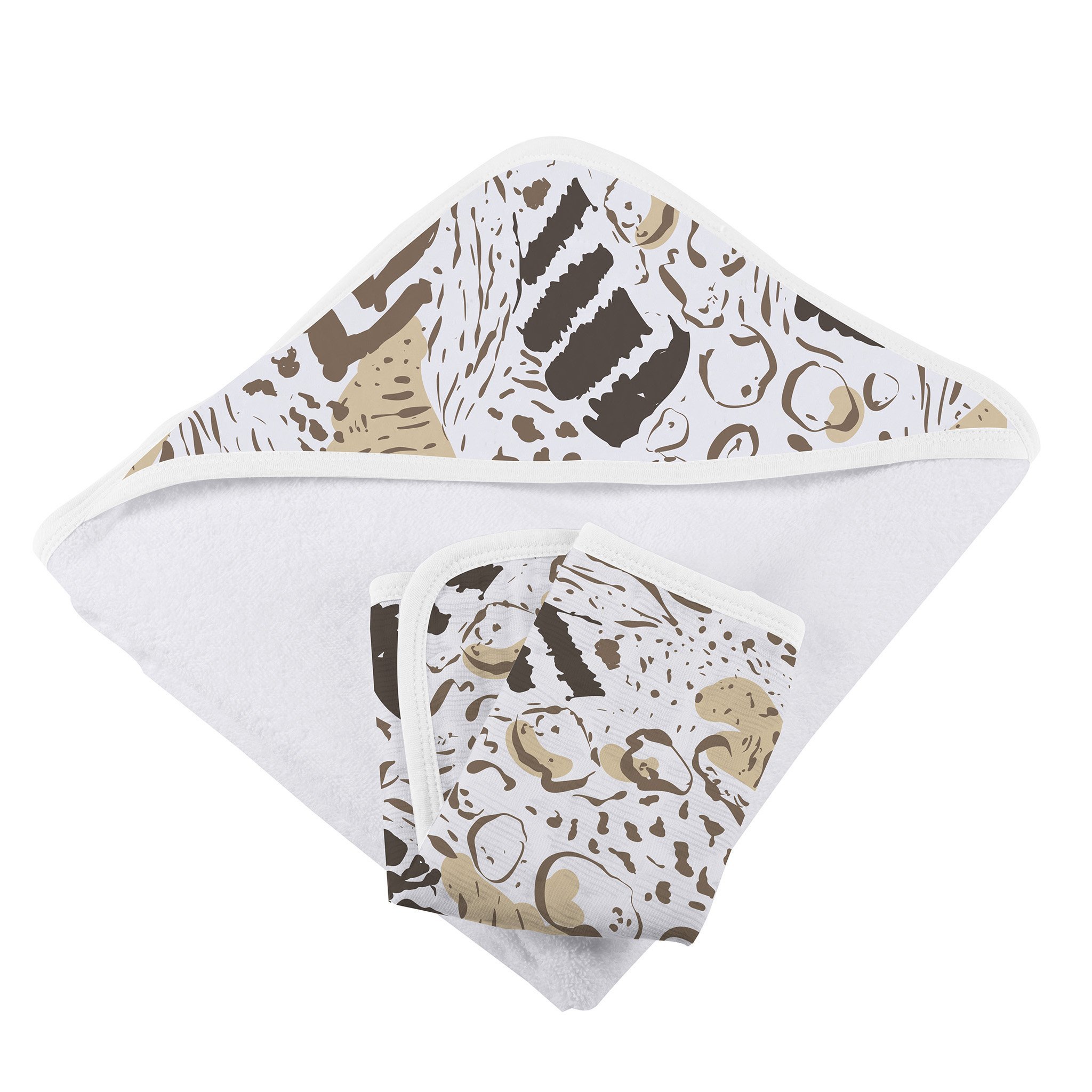 Animal Print Bamboo Hooded Towel and Washcloth Set featuring a soft, cozy design with a playful animal print, perfect for keeping babies warm and dry.