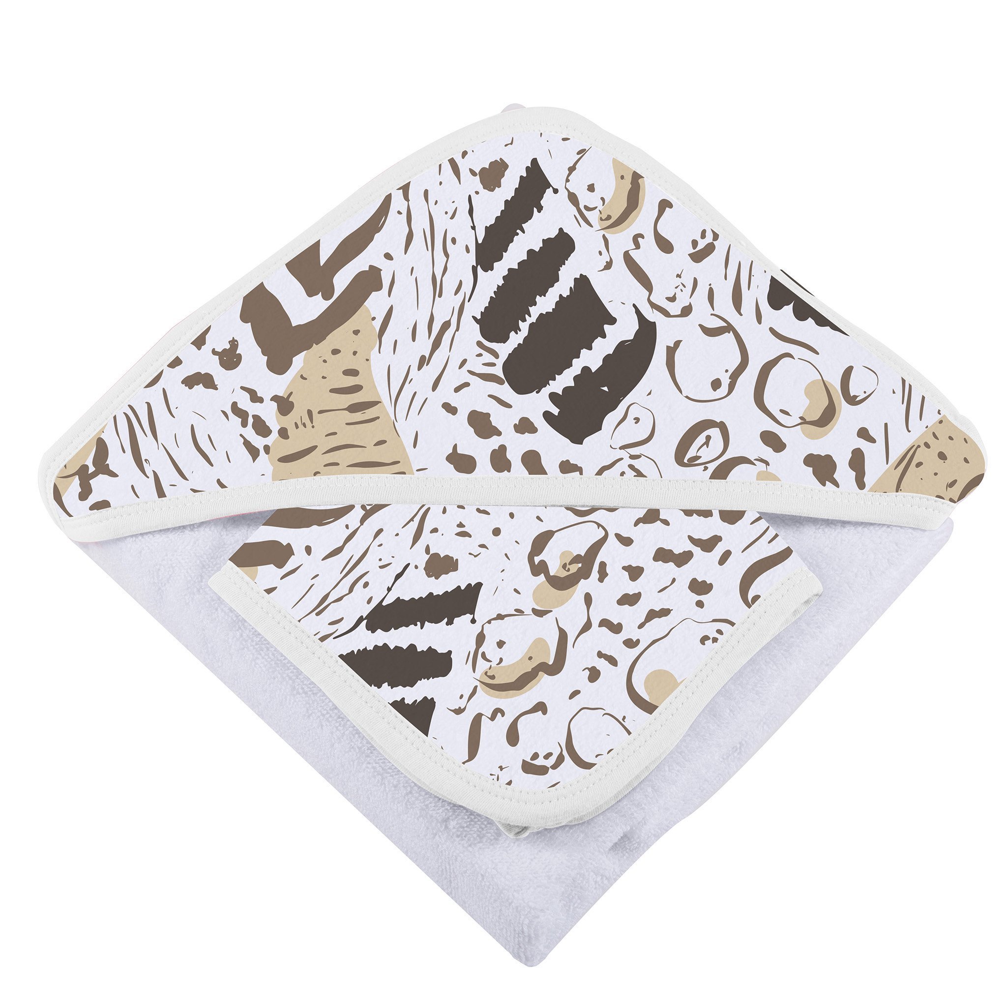 Animal Print Bamboo Hooded Towel and Washcloth Set featuring a soft, cozy design with a playful animal print, perfect for keeping babies warm and dry.