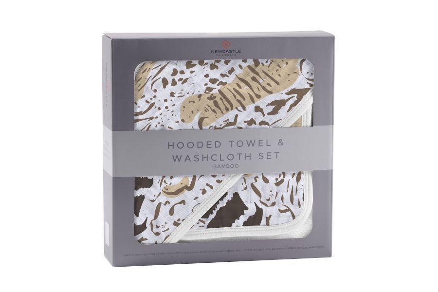 Animal Print Bamboo Hooded Towel and Washcloth Set featuring a soft, cozy design with a playful animal print, perfect for keeping babies warm and dry.