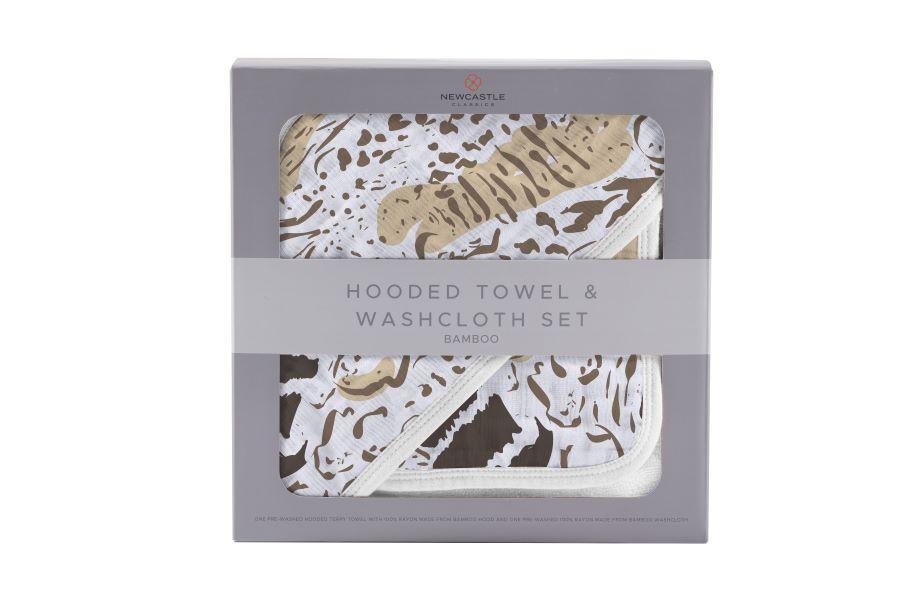 Animal Print Bamboo Hooded Towel and Washcloth Set featuring a soft, cozy design with a playful animal print, perfect for keeping babies warm and dry.
