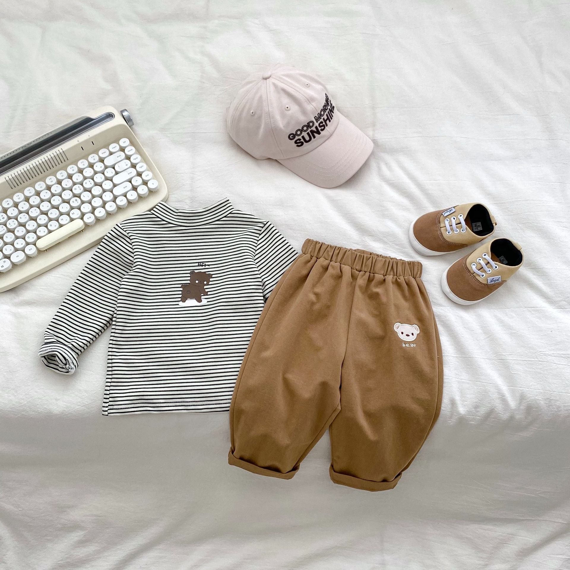 Arrival Autumn Baby Boys Long Sleeves Striped Teddy Top Shirt in black and coffee colors, featuring a striped pattern and cartoon designs.