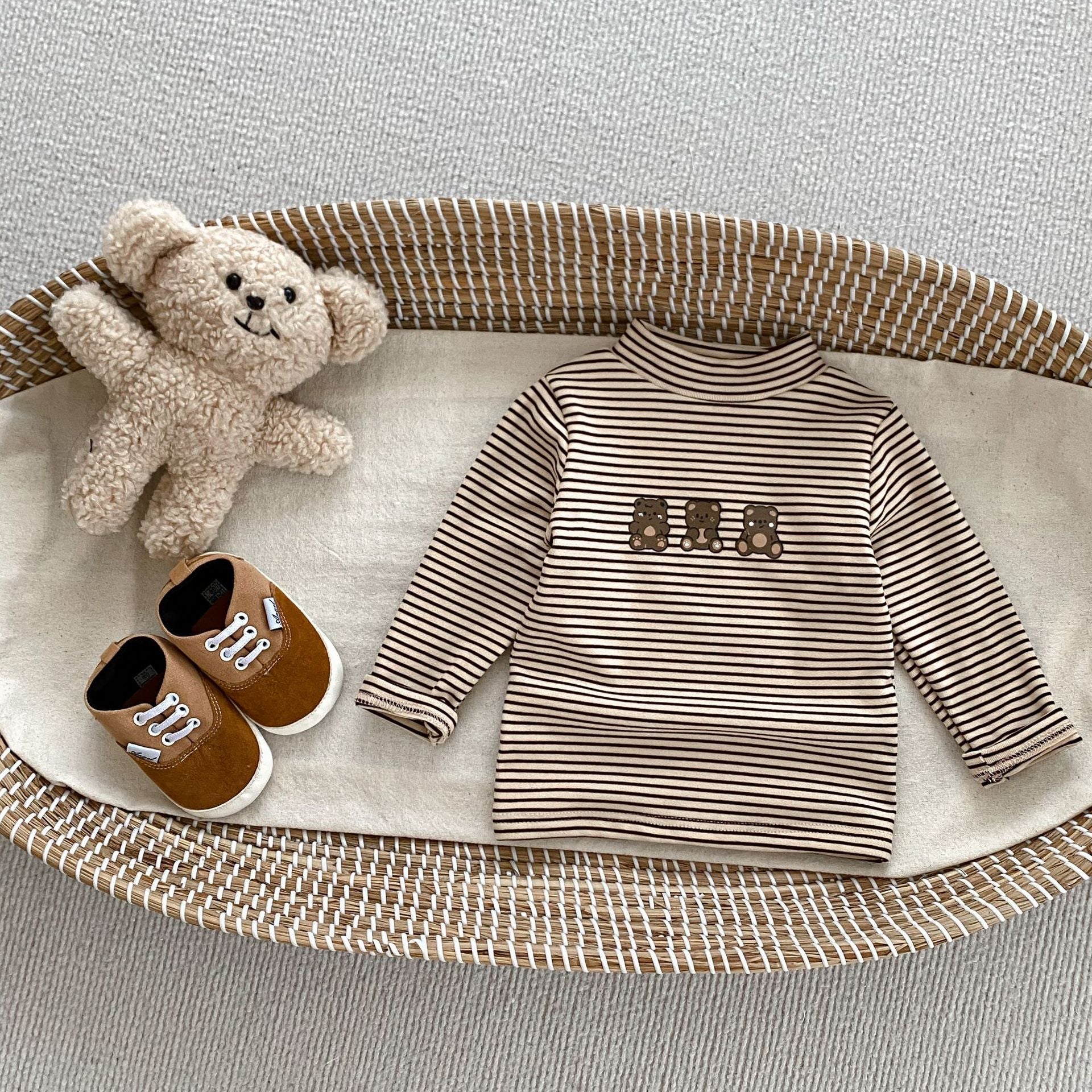 Arrival Autumn Baby Boys Long Sleeves Striped Teddy Top Shirt in black and coffee colors, featuring a striped pattern and cartoon designs.