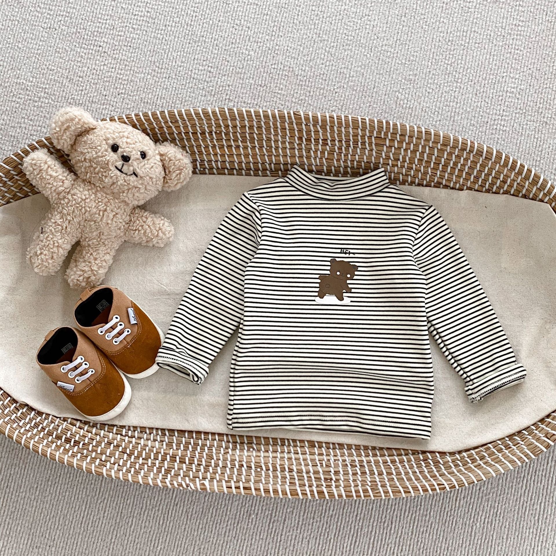 Arrival Autumn Baby Boys Long Sleeves Striped Teddy Top Shirt in black and coffee colors, featuring a striped pattern and cartoon designs.