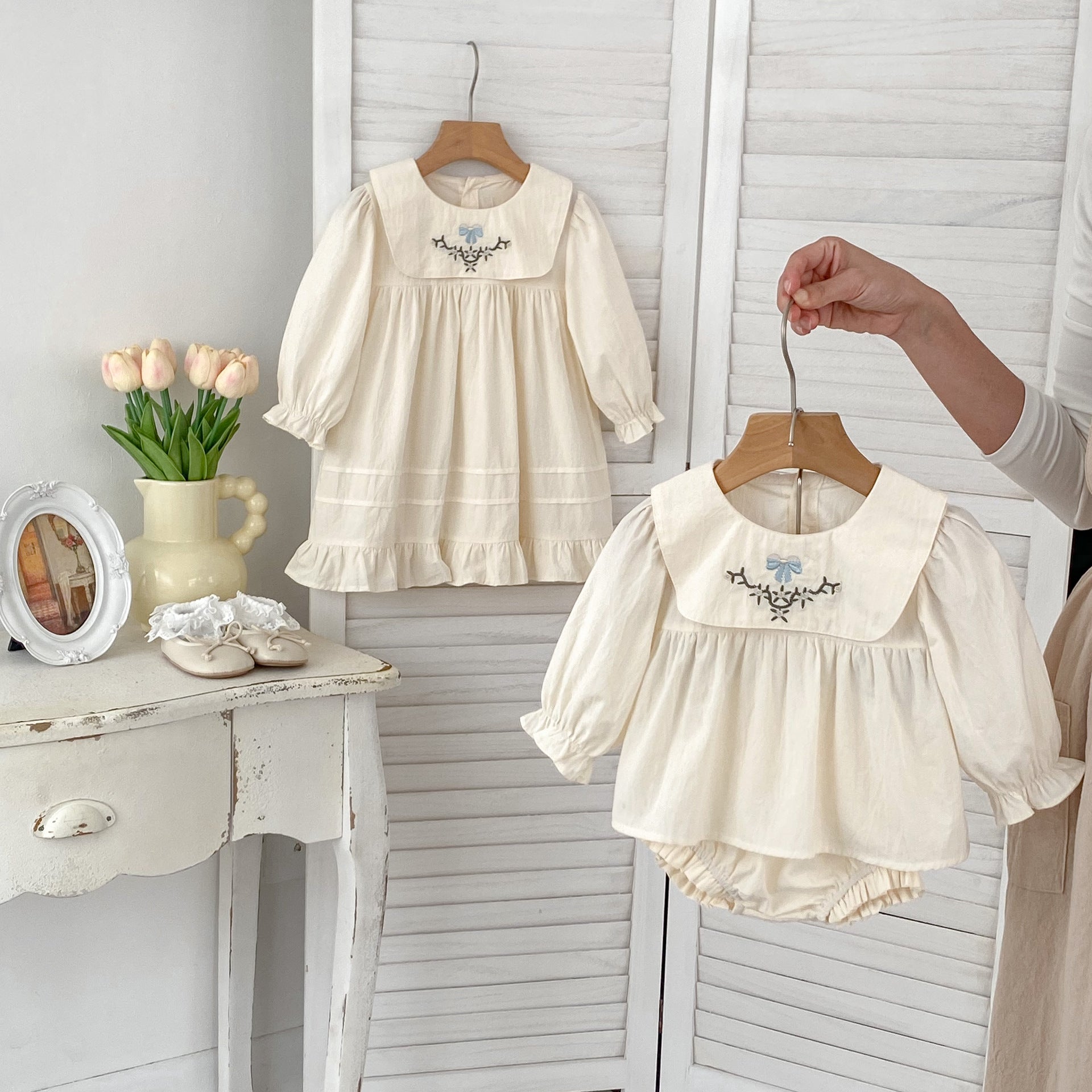 Arrival Autumn Baby Girls Long Sleeves Top in white and beige with simple embroidery, perfect for spring and autumn wear.