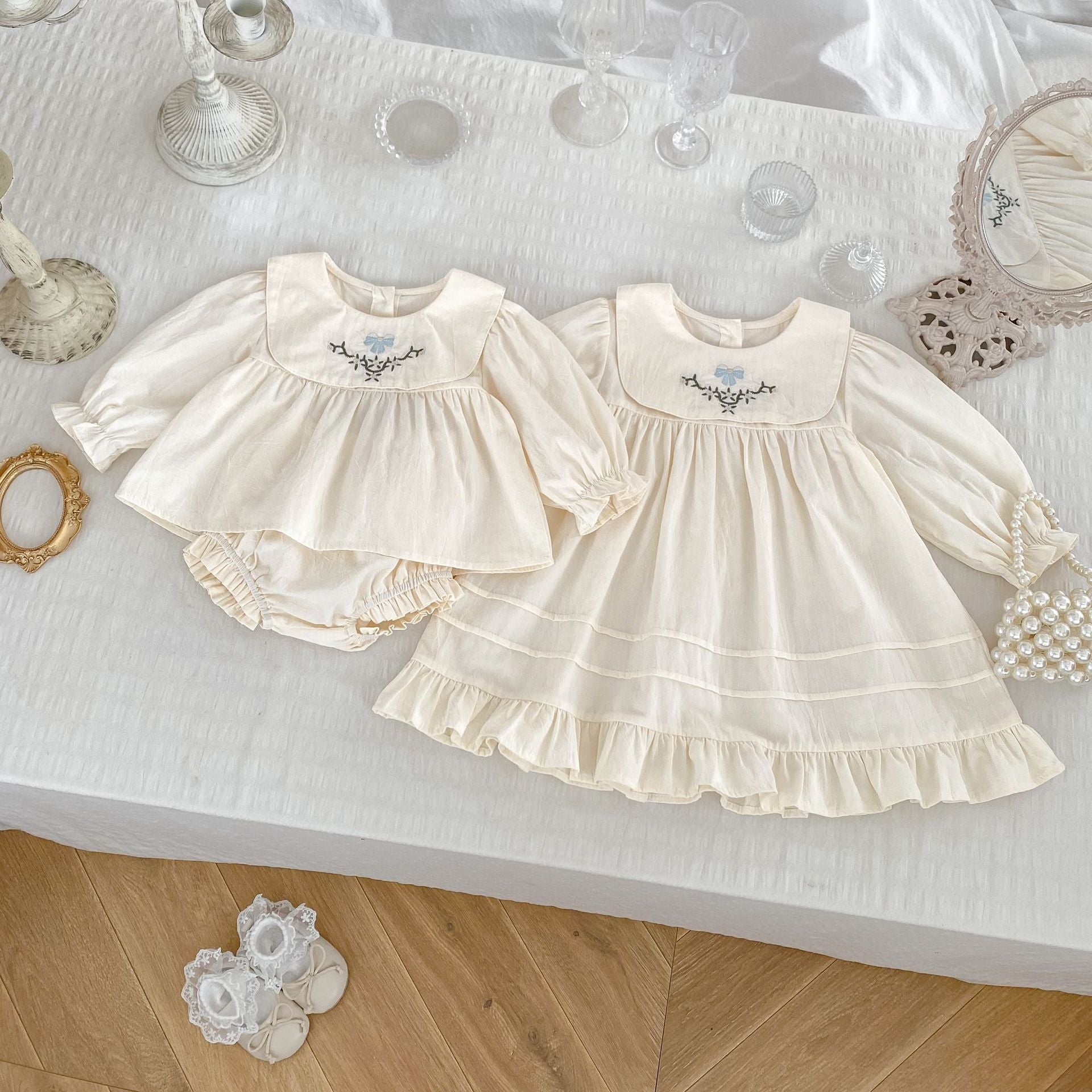 Arrival Autumn Baby Girls Long Sleeves Top in white and beige with simple embroidery, perfect for spring and autumn wear.