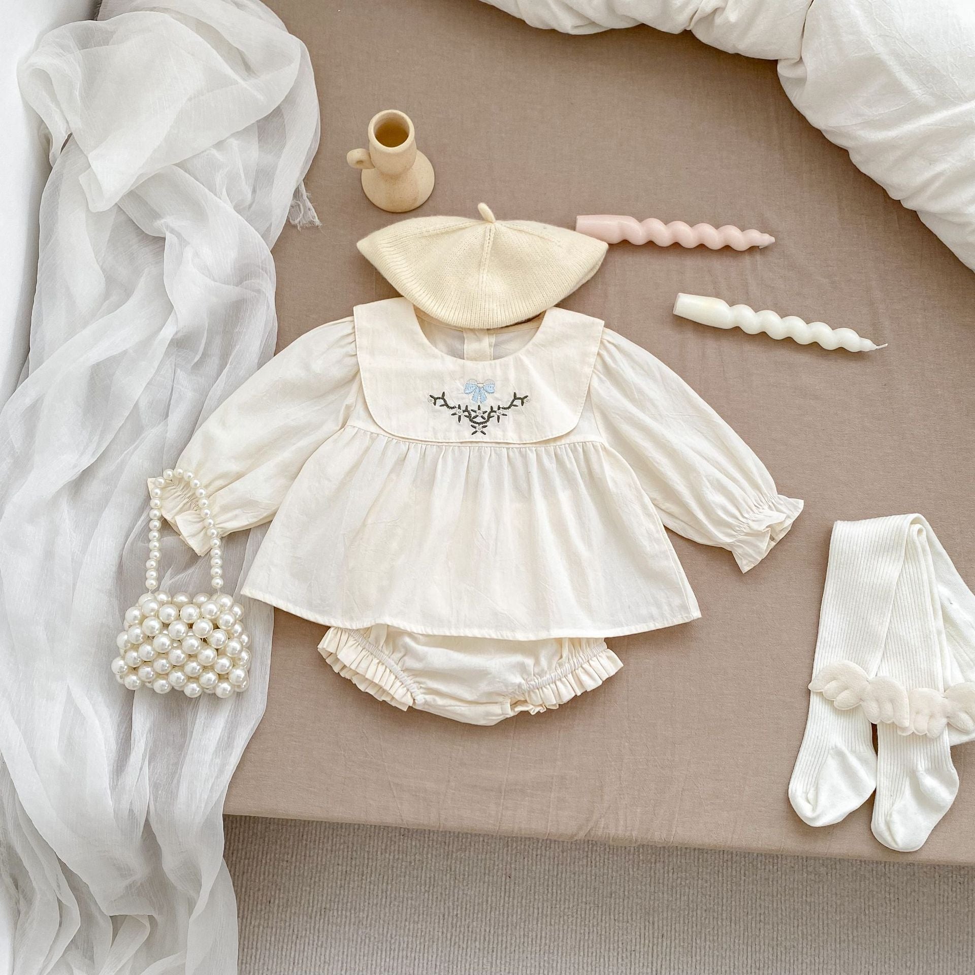 Arrival Autumn Baby Girls Long Sleeves Top in white and beige with simple embroidery, perfect for spring and autumn wear.